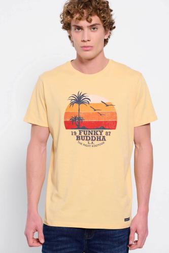 Funky Buddha ανδρικό βαμβακερό T-shirt μονόχρωμο με sunset print και logo patch - FBM007-038-04 Κίτρινο Ανοιχτό S